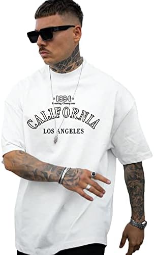 GORGLITTER Men's Crewneck T Shirt Letter Graphic Short Sleeve Casual Drop Shoulder Oversized Tee