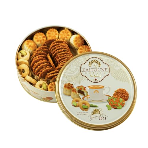Zaitoune Premium Mini Mixed Cookies - 9 oz  Bite-Sized Date Maamoul, Barazek &amp; Ghraybeh Cookie Mix  Handcrafted in Turkey  Beautiful Reusable Gift Tin  Perfect with Tea  Great Sharing Present