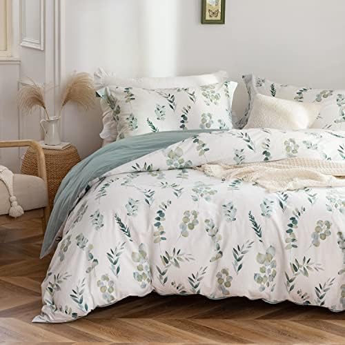 MILDLY Down Duvet Cover Medium Double Bed -100% Water Washed Cotton Grey Green Eucalyptus Double sided Flower Down Duvet Cover 3-Piece Set with Zipper Sealing Corner Lace