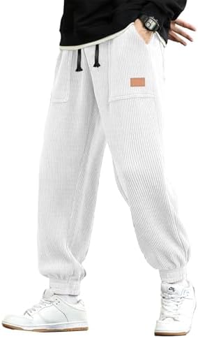 JMIERR Men's Corduroy Running Pants Casual Work Pants Drawstring Elastic Waist Loose Cone Sports Pants with Pocket