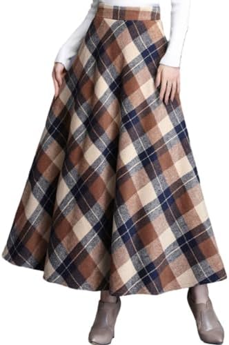 SUNYUESTAR Women's Plaid Skirt Warm Elastic Waist Wool A-Line Pleated Tartan Winter Long Skirts
