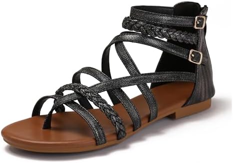 Lucky Bird Women's Summer Strappy Flat Sandals Casual Gladiator Shoes Open Toe Sparkly Crossover Straps Dressy Fisherman Thong Sandals for Walking Beach Vacation