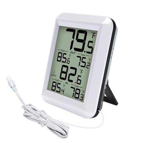 Urageuxy Digital Indoor Outdoor Thermometer Wired, Indoor Outdoor Temperature Monitor with Min\/Max Record and Probe Sensor for Home, Office, Greenhouse, Aquarium, Refrigerator, Freezer (White)