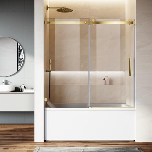 SL4U Frameless Sliding Bathtub Door,59" W x 59" H，5\/16" (8mm) Tempered Glass Shower Door，Frameless Shower Glass Door, Easy to Clean,Gold Finish