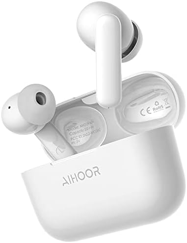 AIHOOR Wireless Earbuds for Music and Sports, Bluetooth 5.3 in-Ear Headphones with Extra Bass, Built-in Mic, Touch Control, USB Charging Case, 30hr Battery Earphones (High Gloss White)
