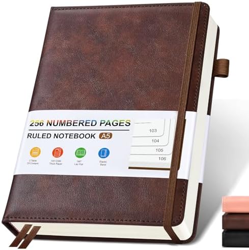 Lined Leather Journal Notebook for Men Women, Hardcover Journals with 256 Numbered Pages, A5 Journaling Notebooks for Writing, 100GSM Thick Ruled Paper for Business Work School 5.75"×8.38", Br