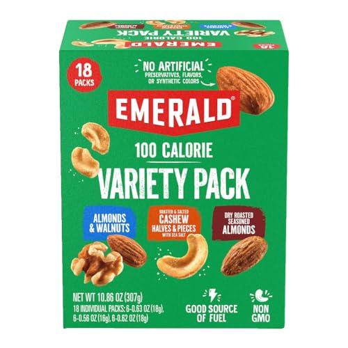 Emerald Nuts Mixed Nuts Variety Pack 18ct (1-Pack) , 100-Calorie Individual Packs , Features Dry Roasted Almonds, Natural Almonds &amp; Walnuts, and Roasted &amp; Salted Cashews