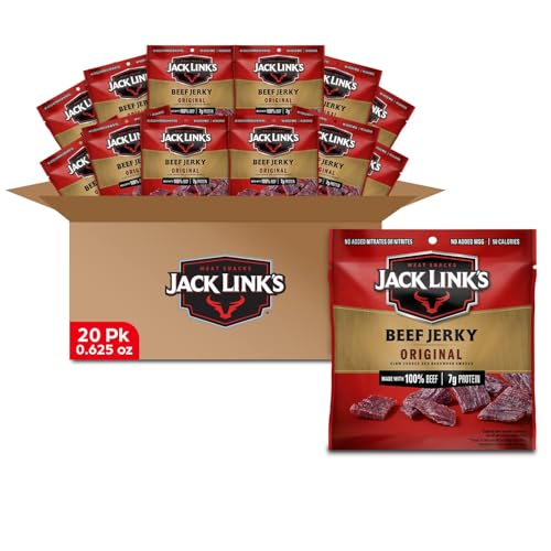 Jack Link's Beef Jerky, Original, Multipack Bags - Flavorful Meat Snacks for Lunches, Ready to Eat Protein Snacks, Individual Packs - 7g of Protein, Made with 100% Beef - 0.625 oz (Pack of 20)