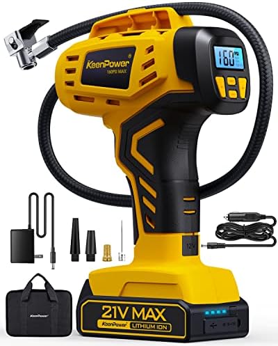 KeenPower Tire Inflator Portable Air Compressor - 2X Faster - 21V Rechargeable Battery Powered Handheld 160PSI Tire Inflator, Dual Power Supply Modes, Air Pump for Car Motorcycle E-Bike