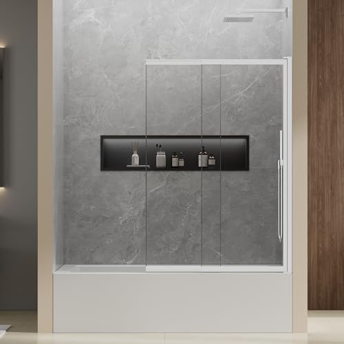 HAUUXUEN Bathtub Shower Door,44" W x 57" H Tub Sliding Doors, 5mm Clear SGCC Tempered Glass with Dual Nano Coating, Easy to Clean, Bright Chrome Finish