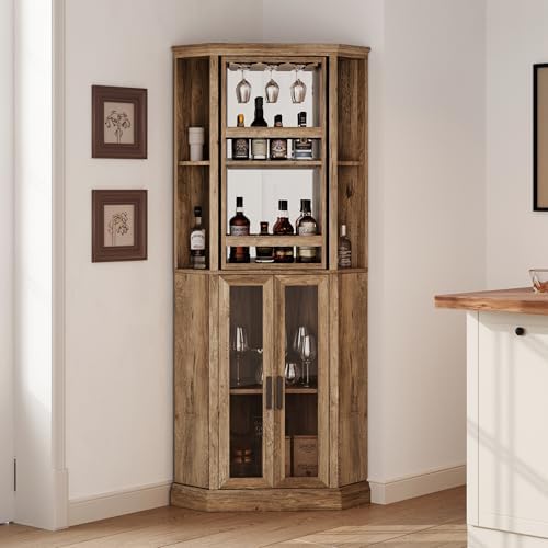 LINSY HOME Corner Bar Cabinet, 68.5" Tall Farmhouse Wine Cabinet with Rotating Liquor Shelves, Home Bar Cabinet with Barn Door &amp; Adjustable Shelves for Dining Room, Living Room, Kitchen (Brown