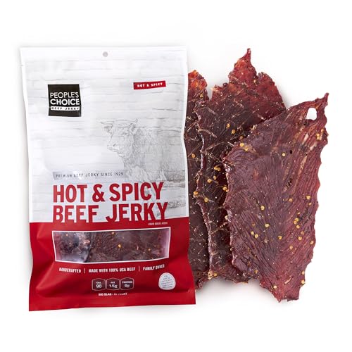 People\u2019s Choice Beef Jerky \u2013 Hot &amp; Spicy Big Slab \u2013 Whole Muscle, Thin-Sliced, Slab Jerky Texture \u2013 9g Protein per Serving \u2013 Made in USA \u2013 15 Count, 19.2 oz Bag
