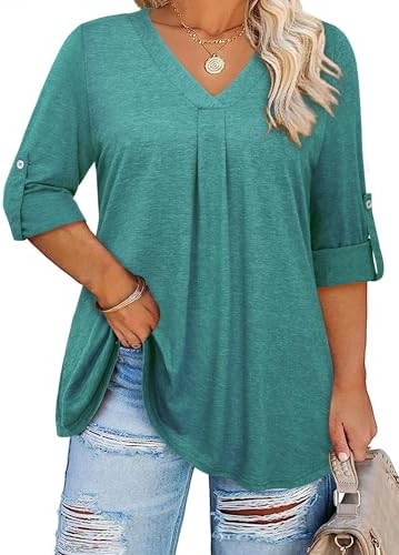 Siddhe 加大码女式上衣七分袖衬衫 V 领衬衫束腰上衣 2025 春夏。