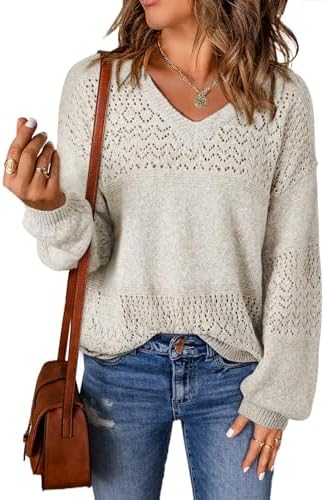 SHEWIN Women's Sweaters Casual Long Sleeve V Neck Lightweight Crochet Pullover Sweater Tops