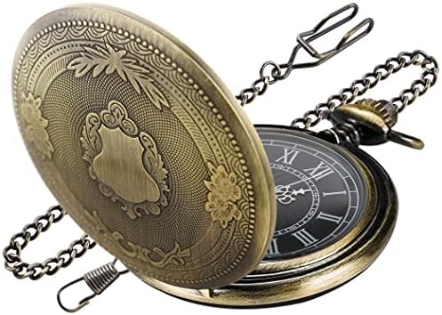 Realpoo Bronze Smooth Cover Roman Men's Quartz Pocket Watch, Black Roman Digital Dial with Chain