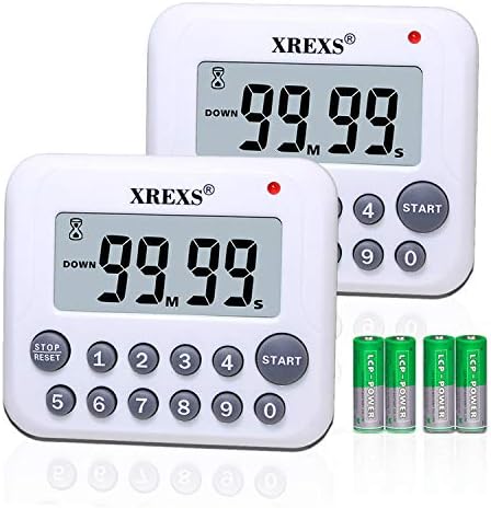 XREXS Digital Kitchen Timer Magnetic Countdown Up Cooking Timer Clock with Magnet Back and Clip, Loud Alarm, Large Display Minutes and Seconds Directly Input-White (2 Pcs, Battery Included) PS-367