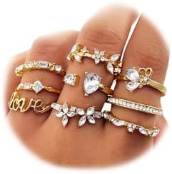 17IF Gold Boho Sparkle Knuckle Rings Set For Women, Vintage Fashion Aesthetic Trendy Joint Snake Ring Pack, Retro Pink Rhinestone Assorted Moon Star Crystal Love Leaf Diamond Pearl Jewelry