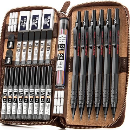 Nicpro 30PCS Black Metal Mechanical Pencil Set in Leather Case, Art Drafting Pencil 0.5, 0.7, 0.9 mm, 2mm Lead Pencil Holders for Sketching Drawing With 16 Tube (6B 4B 2B HB 2H 4H Colors)Lead Refills