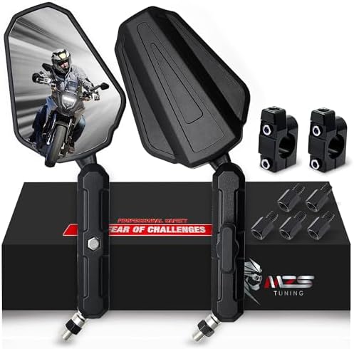 MZS Adventure Motorcycle Mirrors, 10mm 8mm Foldable Motorbike Rear View Handlebar Side Mirror with Aluminum Mount Black Fit for Street Dirt Electric Bike Ebike Scooter ATV Quad