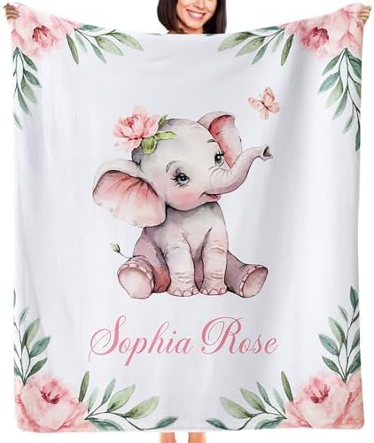 NAZENTI Personalized Elephant Floral Baby Blanket, Custom Baby Girl Gift, 60"x80" Pink Cotton Blend, Machine Washable, Perfect for Baby Shower, Newborn, Birthday