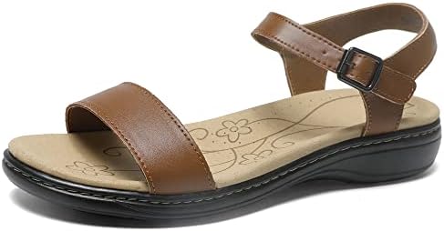 Women's Classic Flat Sandals Leather Open Toes Memory Foam One Band Ankle Strap Adjustable Slip On Shoes