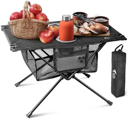 ZUNE LOTOO Portable Camping Table Folding, Small Beach Table Foldable with Drink Holder &amp; Mesh Storage &amp; Carry Bag Compact Camp Tent Side Table for Picnic Tailgate Travel Outdoor Fishing Backp