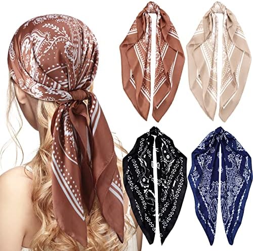 Syhood 4 Pcs 27'' Square Satin Head Scarves Satin Bandanas for Women Headband Scarves Silk Feeling Scarf Boho Headwear