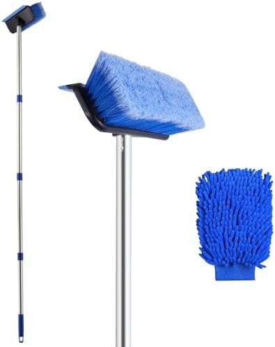 60" Car Wash Brush with Long Handle, Car Wash Mitt Included, 2 in 1 Soft Bristle and Rubber Squeegee Washing Kit for Cleaning RV, Truck, Boat, Solar Panel, Deck