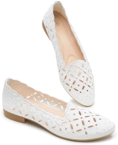 BABUDOG Womens Flats,Black and White Dress Flats with Flower Eyelets,Breathable Ballet Flats