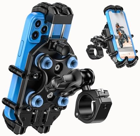 LOKTENWO Motorcycle Phone Mount with Vibration Dampener &amp; Secure Lock [ Metal Arm &amp; Handlebar Mounting Base] Anti-Theft Motorcycle Cellphone Holder for ATV Bike Scooter, Fit 5.4-7.2" Smart