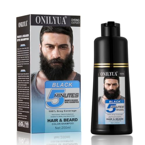 Men's Long-Lasting Black Hair Dye &amp; Root Touch Up for Gray Coverage - 5 Minute Natural Beard &amp; Mustache Coloring Shampoo 3-in-1