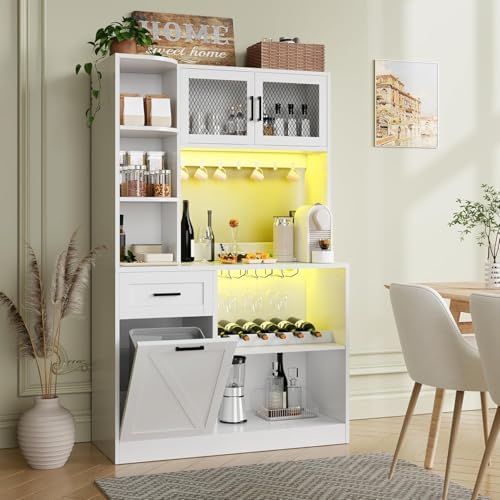 DynJest 67.3" Tall Modern Kitchen Pantry Storage Cabinet with Drawer and Shelves, Tilt Out Trash Can, Coffee Bar Wine Cabinet with LED Lights and Power Outlet, Wine Glass Rack, 2 Mesh Doors (White