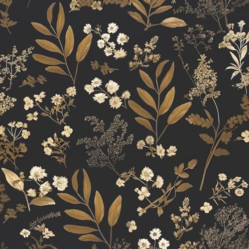 Laatse Goth Wallpaper Peel and Stick Dark Floral Wallpaper 17.5'' x 393'' Gold Leaf Contact Paper Vinyl Waterproof Self Adhesive Boho Botanical Wall Paper for Bedroom Cabinet Décor