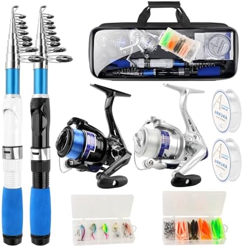 Collapsible Fishing Rod Set, 2.1m\/6.89ft w\/ 2 Spinning Reels, 2 Sets Lures, 100m Line, Carrier Bag - Fresh &amp; Saltwater