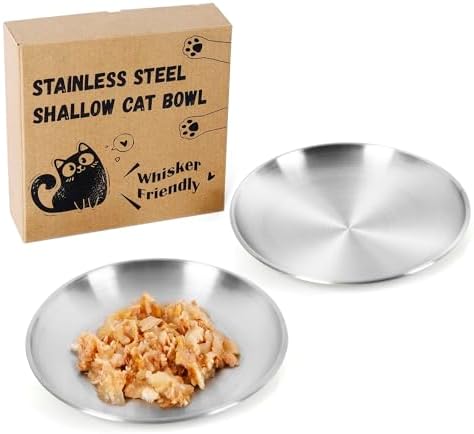 2-Pack Stainless Steel Cat Food Bowls \u2013 Shallow Whisker-Friendly Non-Slip Silicone Base,Easy to Clean Indoor Feeding Dishes(13 OZ,6.7")