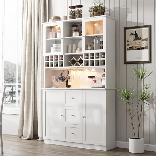VOWNER 78'' Bar Cabinet with LED Light and Storage Shelves, Tall Freestanding Liquor Cabinet with Wine &amp; Glasses Rack, Storage Cabinet for Kitchen,Dining Room, White