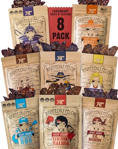 Righteous Felon Beef Jerky Variety Pack  Gluten Free Beef Jerky Snack Packs for Adults  High Protein, Keto-Friendly, Low Sugar  Made with Premium Meats  Gifts for Men  Sampler 8 Pack