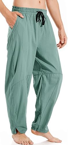 AITFINEISM Mens Cotton Linen Pants Elastic Drawstring Waist Lightweight Summer Beach Pants