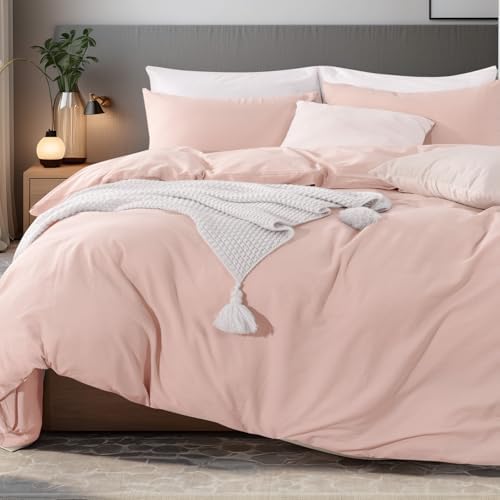 NEXHOME PRO Duvet Cover Set Kids Twin Size Linen Feel Textured Organic Natural 100% Washed Cotton Duvet Cover 2 Pieces Bedding Set with Zipper Closure, Breathable, Dusty Pink(No Comforter)