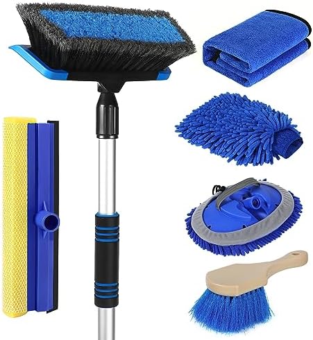 Wontolf 62'' Car Wash Brush with Long Handle, Scratch-Free Soft Bristles Sturdy Car Wash Mop Kit, Complete Car Cleaning Brush Kit Wash Mitt Towel Windshield Squeegee Wheel Tire Brush for Car T