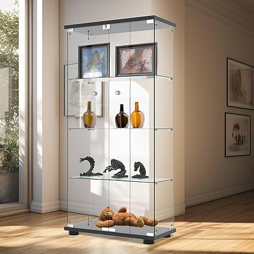 FANYUSHOW Glass Display Cabinet with Double Door and Lock, Quick-Install Style 4-Shelf Curio Cabinet 5mm Tempered Glass Floor Standing Bookshelf for Living Room, Bedroom, 65" H x 32''L x 1