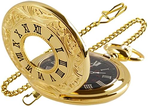 Realpoo Hollow Roman Digital Scale Men's Quartz Pocket Watches, Quartz Pocket Strap with Chain for Men