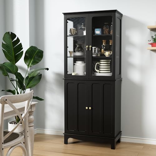 ARTPOWER 72" Freestanding Kitchen Pantry Storage Sideboard, Classical Tall Cabinet with Glass Door and Adjustable Shelves for Kitchen, Livingroom and Dining Room, Black