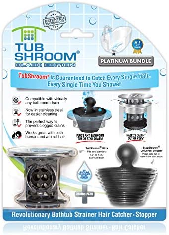 TubShroom Tub Drain Hair Catcher Combo Pack with Silicone Stopper, Black Chrome \u2013 Protector and for Bathroom Drains, fits any standard bathtub drain measuring 1.4\u201D to 1.8\u201D wide