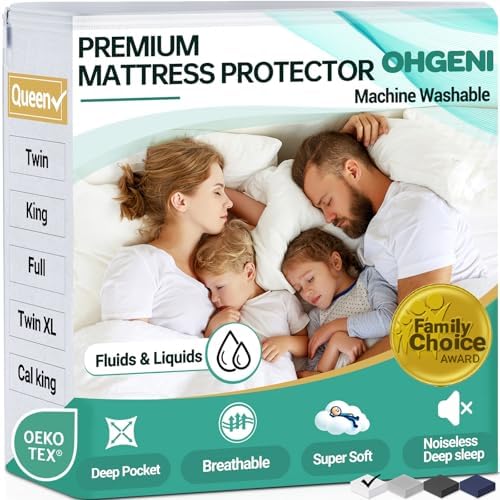 OhGeni 100% Waterproof Mattress Protector, Queen Size, Fitted Sheet with Deep Pockets, 6''-18'', Premium Noiseless Breathable Soft Material, Mattresses Cover for Bed