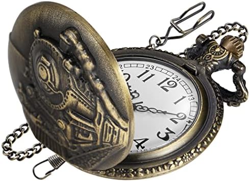 Realpoo Locomotive Bronze Pocket Watch for Men,Arabic Numerals White Dial Pocket Watches for Men, Men's Pocket Watch with Chain